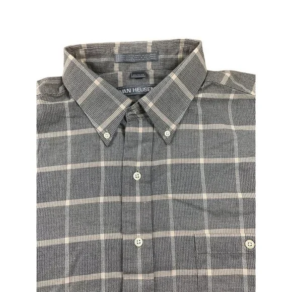 Van Heusen Mens Top Button Up Long Sleeve Gray Plaid Dress Shirt Size 17.5 32/33 - Picture 3 of 14
